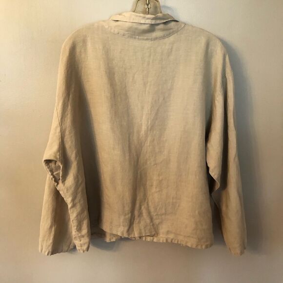 bryn WALKER SIZE L KHAKI LAGENLOOK LINEN BUTTON FRONT SHIRT WITH POCKETS - Picture 2 of 10